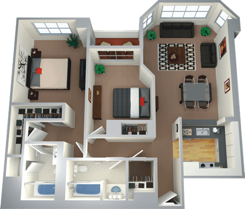 Floor plan for 2 beds, 2 baths, 952 sqft